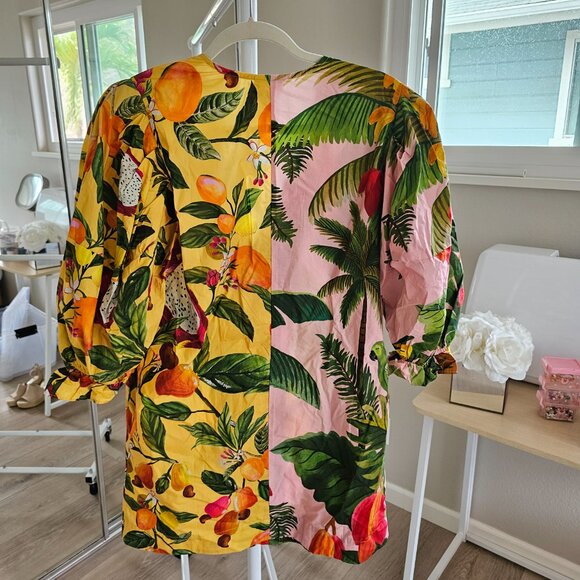 FARM Rio Fruit Print Mini Dress Puff Sleeves Cotton Yellow Pink Green Small - Picture 2 of 10